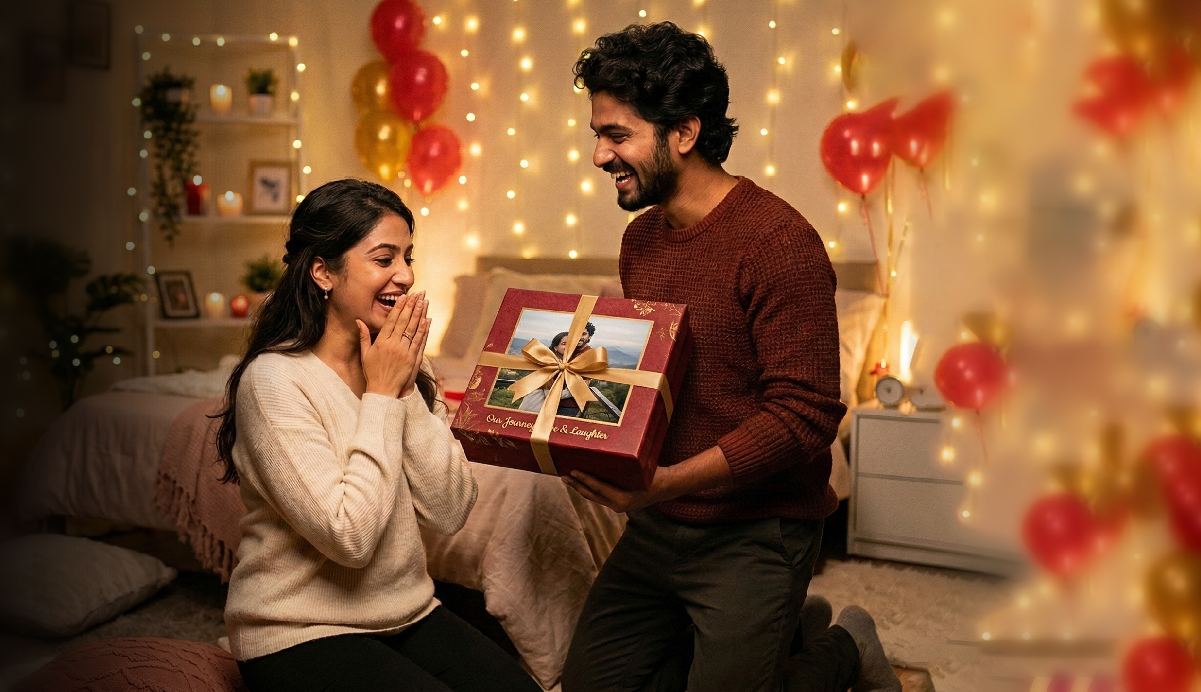 Couple exchanging a personalised gift from AKSHARAM Creatives
