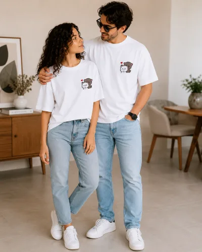 Cute Cat Couple Matching T-Shirt Set photo 2